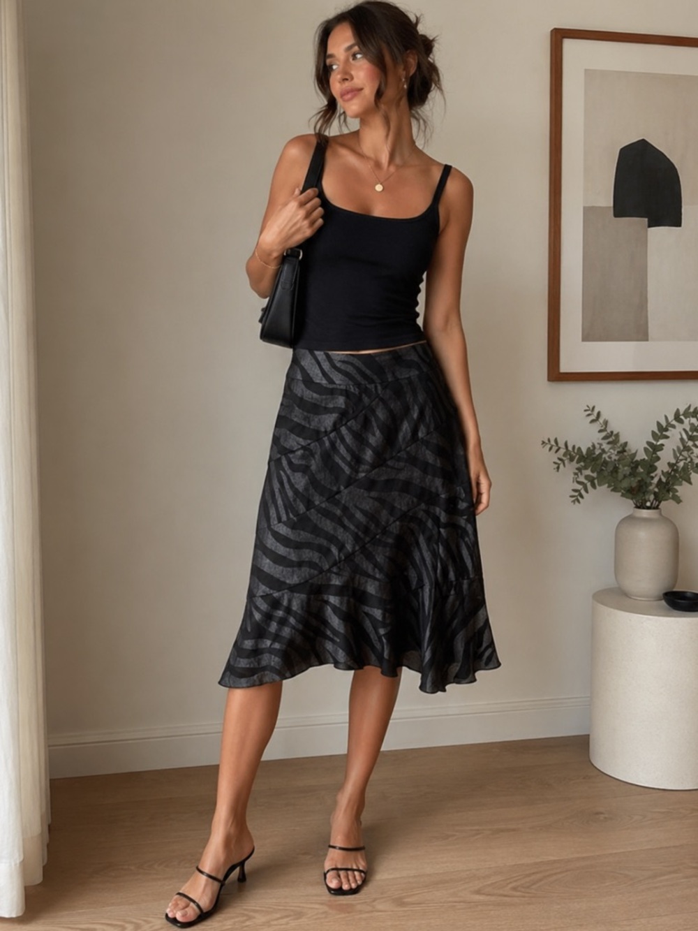 Sandro Black and Gray Asymmetrical Zebra Skirt
